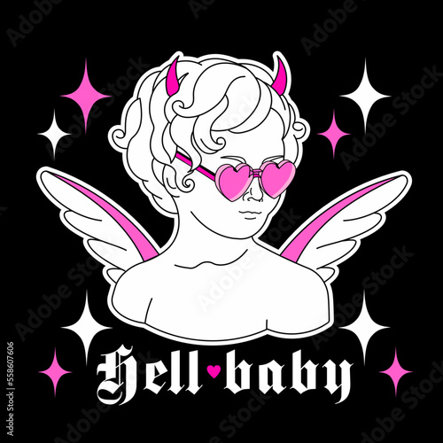 Fun baby devil, angel y2k in heart shaped glasses. Goth aesthetic black and pink print. Vintage isolated sticker. Weird emo gothic graphic, 90s, 00s love aesthetic.