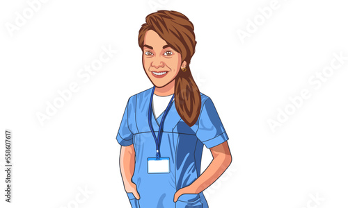 Medical Smiling Women Lady Doctor putting hands in the pocket. Female Nurse Doctor wearing blue identity Card ID Flat Vector. Doctor with stethoscope. 