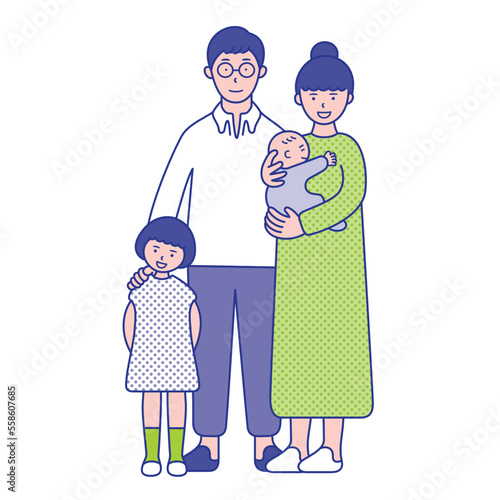 赤ちゃんを抱いたお母さんとお父さん、子どもの4人家族のイラスト素材