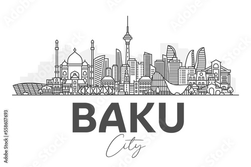 Baku, Azerbaijan architecture line skyline illustration. Linear vector cityscape with famous landmarks, city sights, design icons. Landscape with editable strokes.