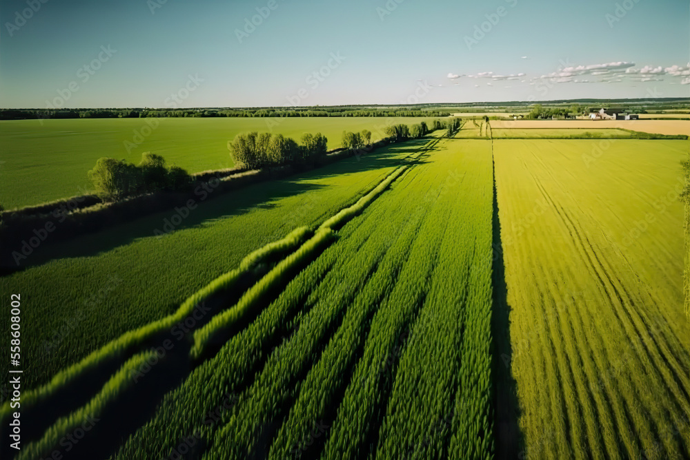 Fototapeta premium Aerial drone photo of rustic green field created with Generative AI technology