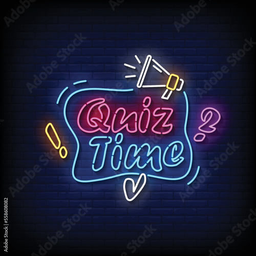 neon sign quiz time with brick wall background vector illustration