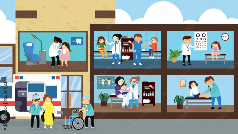 Hospital, inside view with visitors, ambulance Hospital, inside view with visitors, ambulance