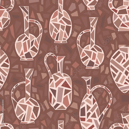 Traditional Georgian clay vessels, Qvevri, pots, amphoras vector seamless pattern. Brown background with Caucasian tableful