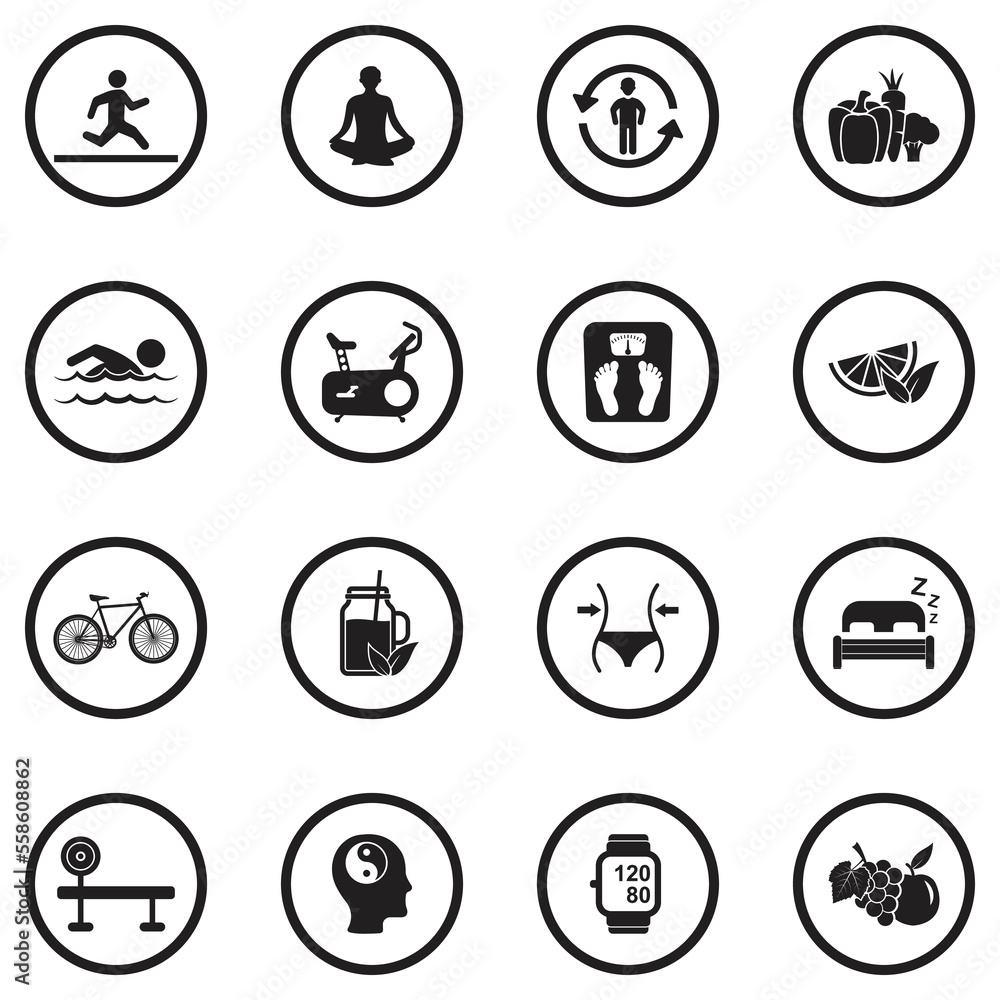 Healthy Life Icons. Black Flat Design In Circle. Vector Illustration.