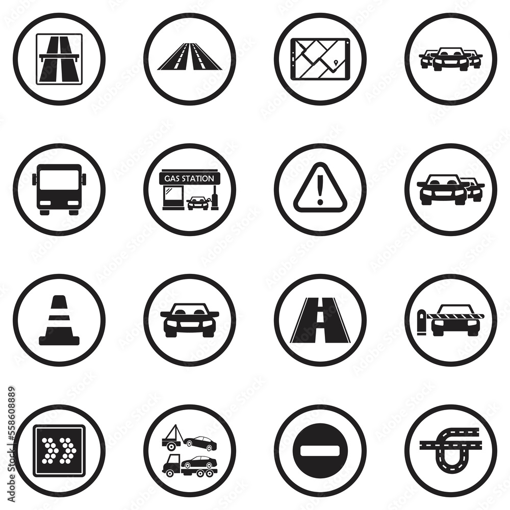 Highway Icons. Black Flat Design In Circle. Vector Illustration.