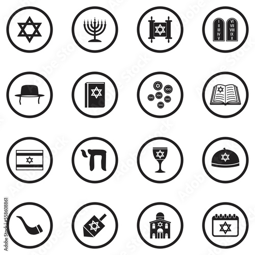 Hanukkah Icons. Black Flat Design In Circle. Vector Illustration.