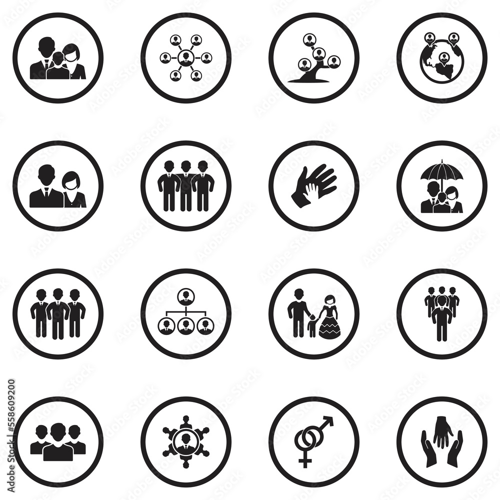 Human Relations Icons. Black Flat Design In Circle. Vector Illustration.