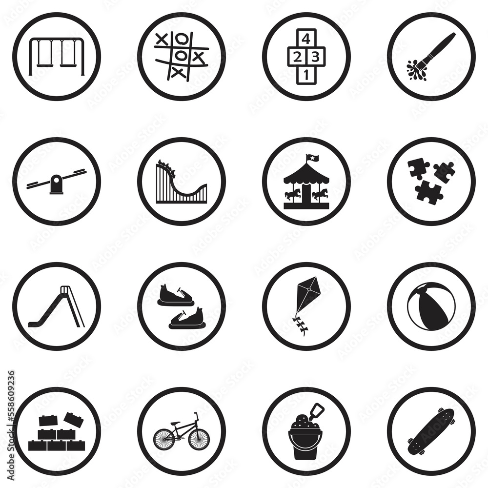 Kids Activities Icons. Black Flat Design In Circle. Vector Illustration.