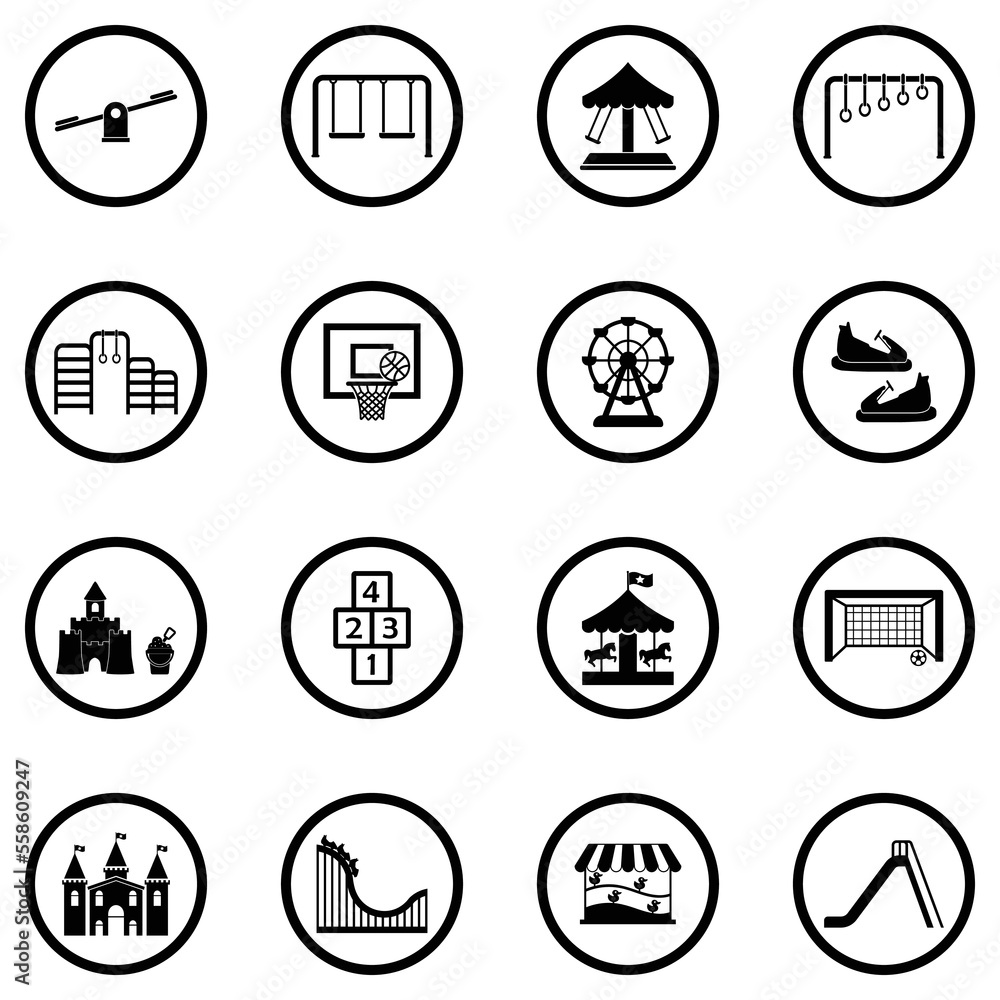 Kids Playground Icons. Black Flat Design In Circle. Vector Illustration. Kids Playground Icons. Black Flat Design In Circle. Vector Illustration.