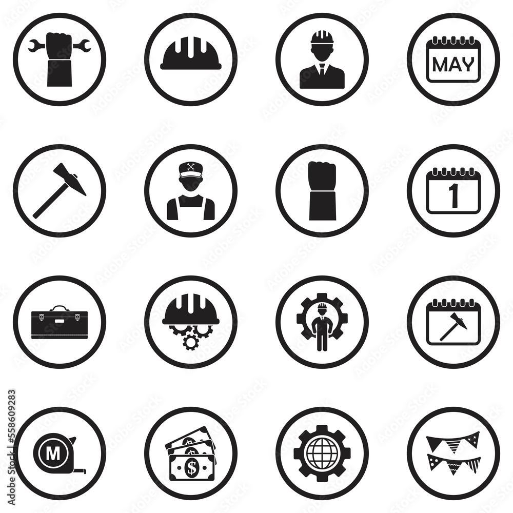 Labor Day Icons. Black Flat Design In Circle. Vector Illustration. Labor Day Icons. Black Flat Design In Circle. Vector Illustration.