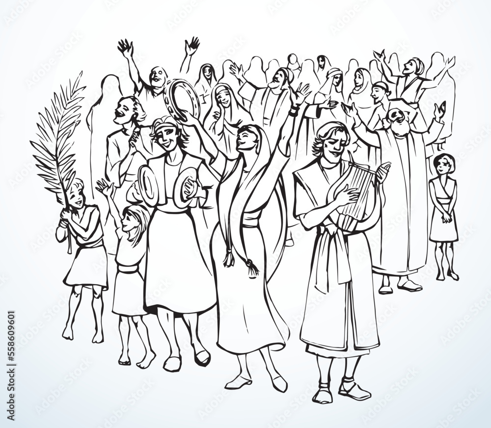 Obraz premium The ancient Jewish people are having fun. Vector drawing