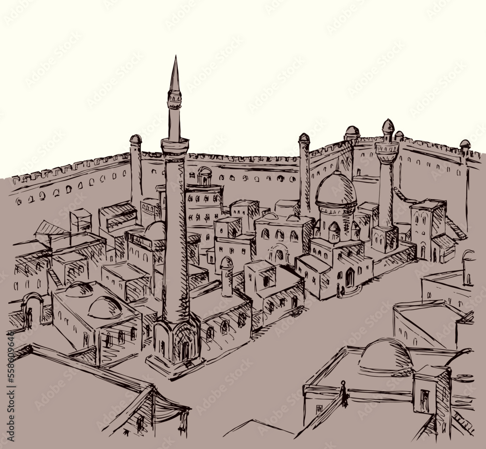 Obraz premium Vector drawing. Ancient eastern town