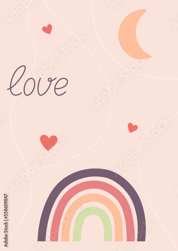 romantic card design with rainbow and hearts
