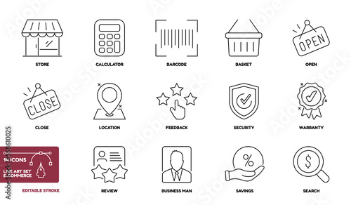Line Art Collection E-Commerce Icon Set - Different Vector Illustrations Isolated On White Background