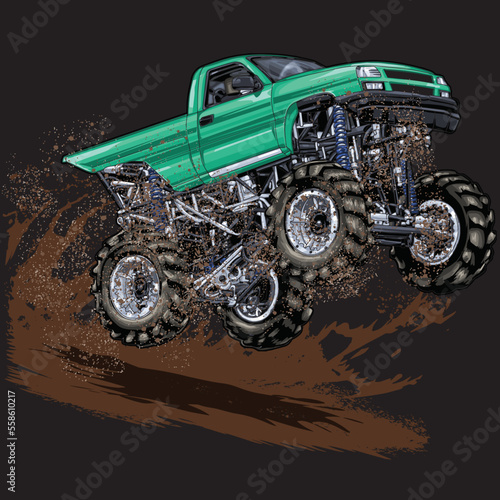 Mega Truck racing splash isolated on black background, for graphic design, screen print, DTG, DTF, poster and business elements.