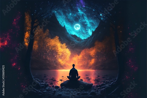 A person conducting meditation while perched on a rock in the middle of a vibrant forest.