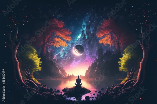 A person conducting meditation while perched on a rock in the middle of a vibrant forest. © Concept Killer