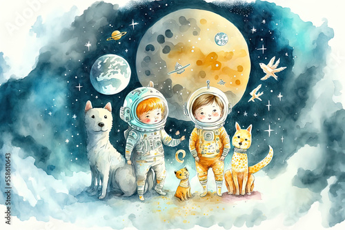 Kids and animals With a bright moon, stars, and clouds, astronauts go on space excursions. Dreamy, exciting, and entertaining cartoon for kids about cosmic travel. watercolor style wallpaper illustrat