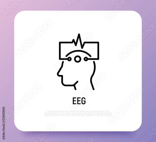 EEG: human head with electrodes thin line icon. Medical research. Diagnostic of brain activity. Modern vector illustration.