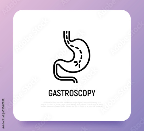 Gastroscopy thin line icon: endoscope in stomach. Medical test. Modern vector illustration.