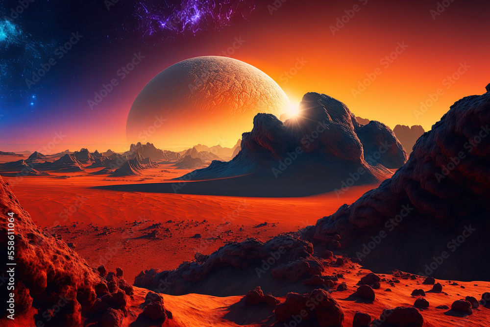 daybreak on the other planet's surface, Mars sunrise, Mars sunset, and Mars daybreak. Generative AI