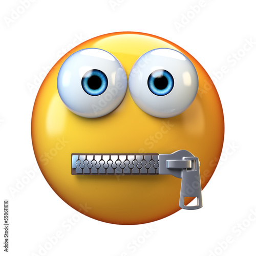 Zipped mouth emoji isolated on white background, lips sealed emoticon  3d rendering