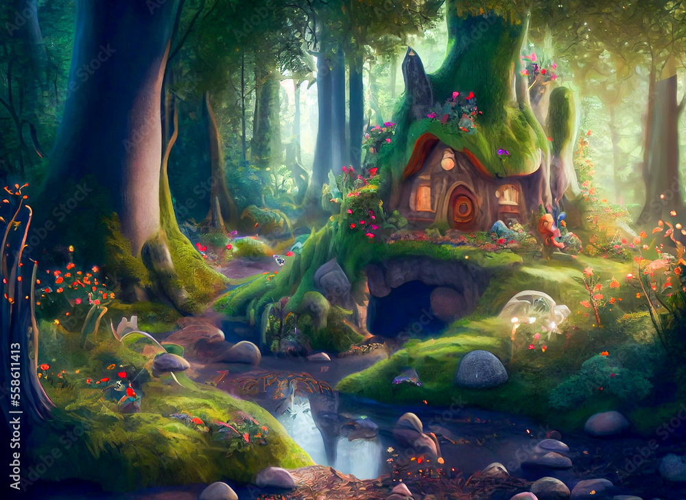 Fototapeta premium Fairytale fantasy forest with house inside a big tree, ai illustration
