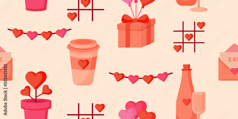 romantic seamless pattern with coffee, gift, ribbon and heart romantic seamless pattern with coffee, gift, ribbon and heart