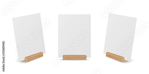 Vector 3d Realistic White Blank A4 Vertical Paper Sheet, Card on Wooden Holder, Stand Icon Set Closeup Isolated. Design Template for Mockup, Menu Frame, Booklets. Acrylic Tent Card. Front, Side View