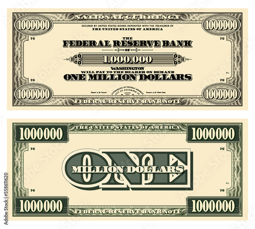 Vector template obverse and reverse of a vintage banknote with guilloche frame, denomination of one million US dollars. Paper money in style retro.