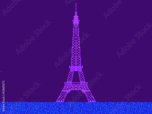 Landscape with Eiffel Tower in pixel art style. 8-bit Eiffel Towers retro video game style. Design for print, wrapping paper and promotional materials. Vector illustration