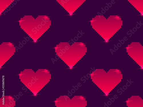 Seamless pattern with pixel hearts and gradient colors. Happy Valentine s Day. 8-bit hearts in retro video game style. Design for print  wrapping paper and promotional items. Vector illustration