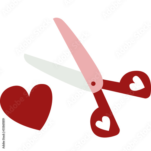Red scissors cut heart shape, Illustration caring for love and telling love, Self care heart.