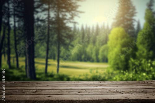 Empty wooden table surface with copy space, green forest background. AI 
