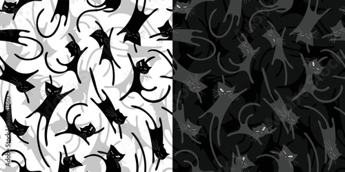 Seamless pattern with a Halloween black cat. Flat cartoon kittens lie, sleep, stretch and peep. Black and light pets on a white and dark background. Print set