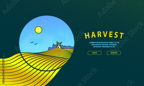 Farm with windmill in the village and yellow ripe wheat field in a round frame. Harvest banner for a landing page with a grain texture.
