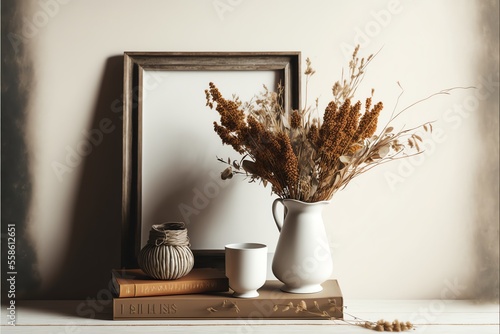 A picture frame template on a shelf with a plant and no photos in it  photo