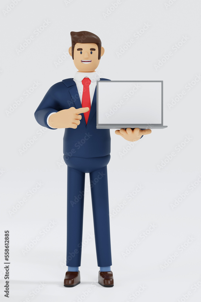 Businessman show and pointing blank laptop screen, promote application website, online business market, 3D rendering cartoon character. Businessman show and pointing blank laptop screen, promote application website, online business market, 3D rendering cartoon character.
