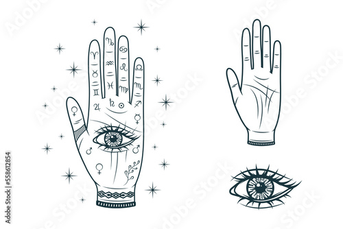 Celestial hand with all-seeing eye and palmistry diagram. Hand drawn symbol  of prediction, fortune telling. Magic mystic vector isolated for esoteric, witchcraft, tattoo and stickers.