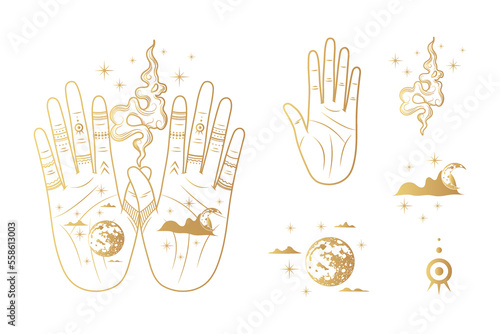 Golden celestial hand with moon, planet, fire and palmistry diagram.  Hand drawn symbol  of prediction, fortune telling. Magic mystic vector illustration isolated background for esoteric, witchcraft
