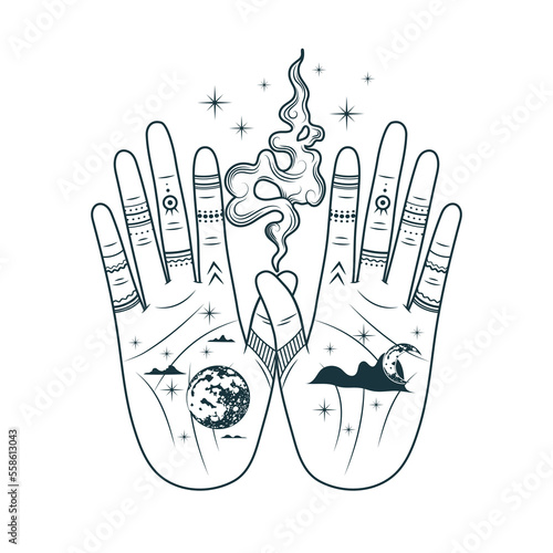 Celestial hands with moon, planet, fire and palmistry diagram.  Hand drawn symbol  of prediction, fortune telling. Magic mystic vector illustration isolated background for esoteric, tattoo, witchcraft