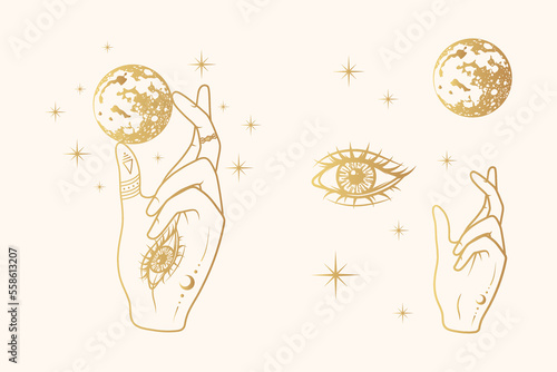 Golden celestial hand with all-see eye holding a planet. Hand drawn isolated set. Vector illustration  for esoteric and  witchcraft.