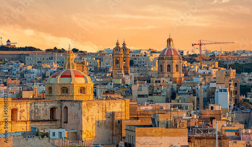 View of the rooftops and Church of Our Lady of Mount Carmel and St. Paul's Anglican Pro-Cathedral, Valletta, capital of Malta