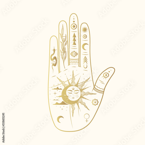 Golden hand with sun, moon, snake, twig and clouds. Hand drawn symbol  of prediction, fortune telling. Magic mystic vector illustration isolated on white background for esoteric,  witchcraft, stickers