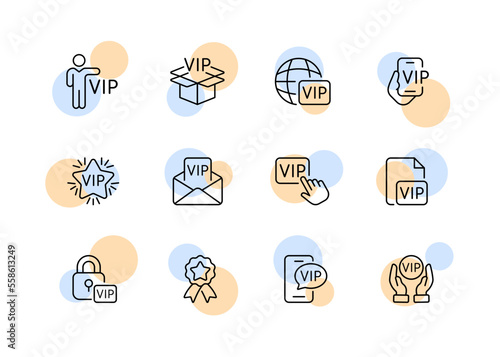 VIP status set icon. Place, badge, star, celebrity, box, phone, planet, website, shield, letter, privilege, business class, reward, prize, gift, guest, expert. Society concept. Vector line icon