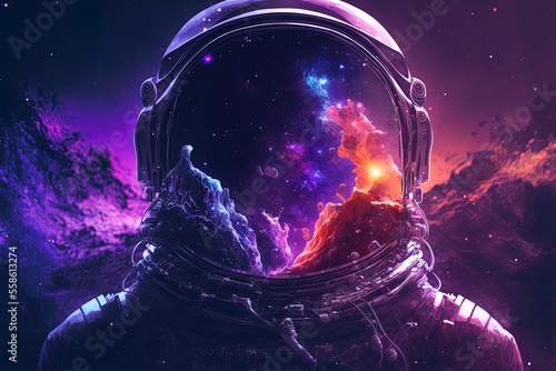 Fotografia, Obraz Astronaut in space with stars, a galaxy, a purple and blue nebula, and galaxies reflected in his helmet