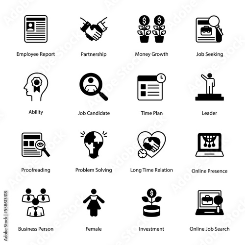 Employee Report, Partnership, Money Growth, Job Seeking, Proofreading, Problem Solving, Long Time Relation, Online Presence, Investment, Online Job Search, Ability, Glyph Icons - Solid, Vectors