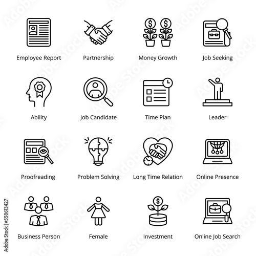 Employee Report, Partnership, Money Growth, Job Seeking, Proofreading, Problem Solving, Long Time Relation, Online Presence, Investment, Online Job Search, Ability, Outline Icons - Stroked, Vectors