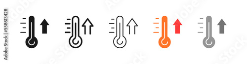 Thermometers set icon. Different levels of temperature, climat control, air, warm, cold, weather conditions, fever, sickness, technology. Vector five icon in different style on white background